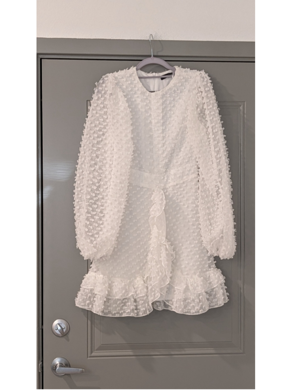 Miss Ord White Swiss Dot Ruffle Mini Dress Long Sleeve Tie Waist Size XS